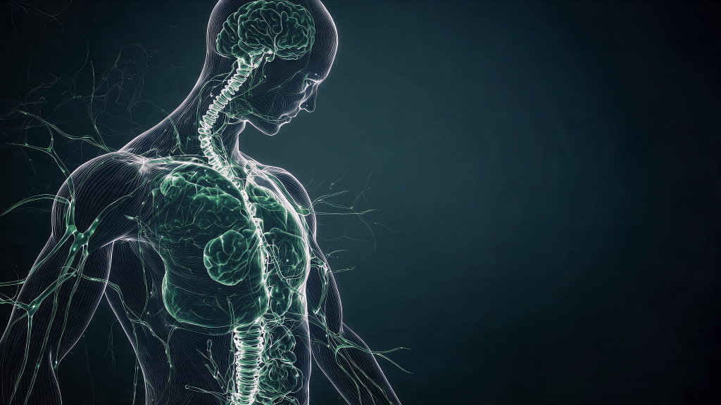 Ilustração digital anatômica do corpo humano destacando o cérebro, a medula e as ramificações neurais que compõem o sistema endocanabinoide.