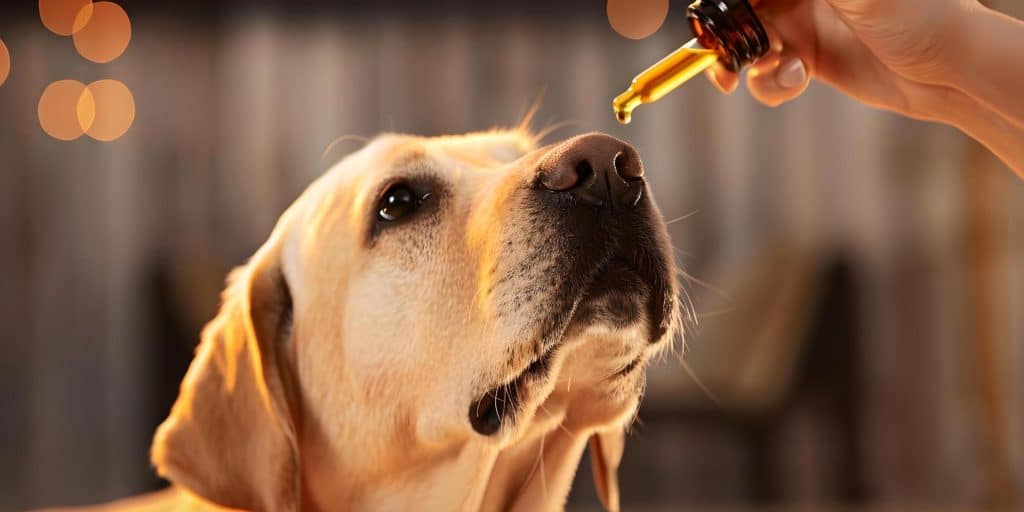 cachorro recebendo óleo de CBD para dor