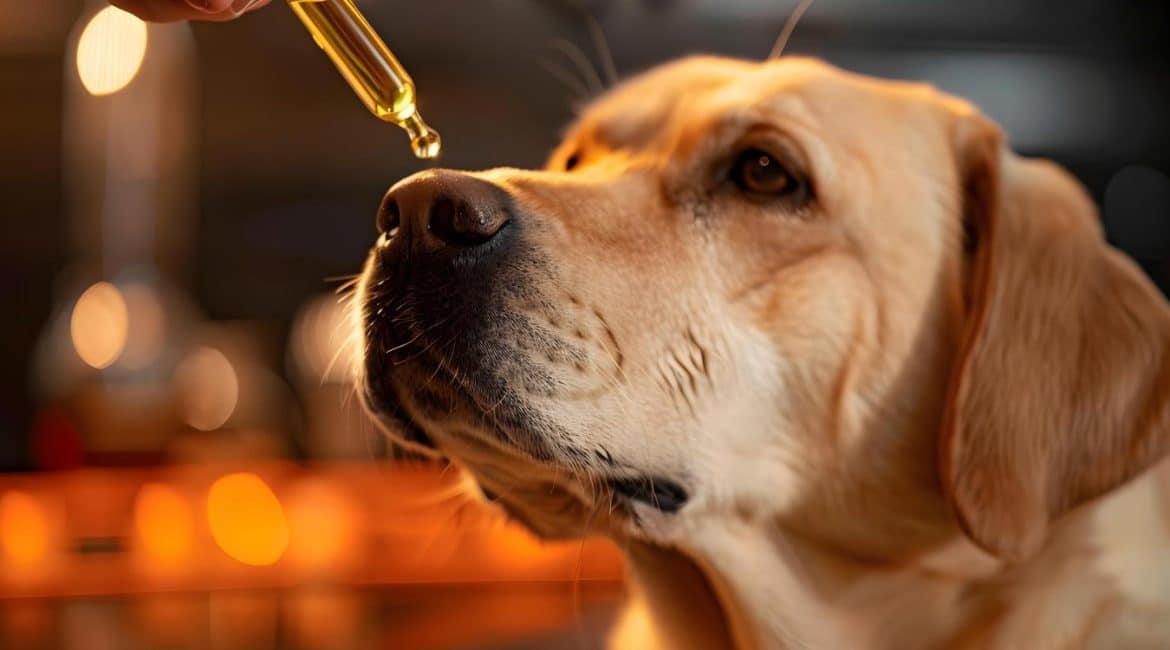 CBD para ansiedade em cachorros: labrador recebendo óleo de canabidiol
