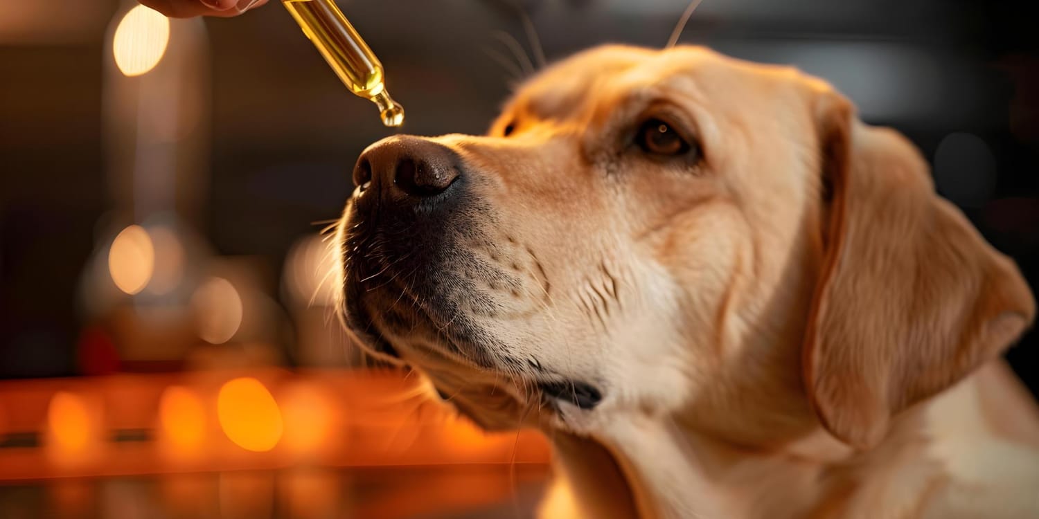CBD para ansiedade em cachorros: labrador recebendo óleo de canabidiol