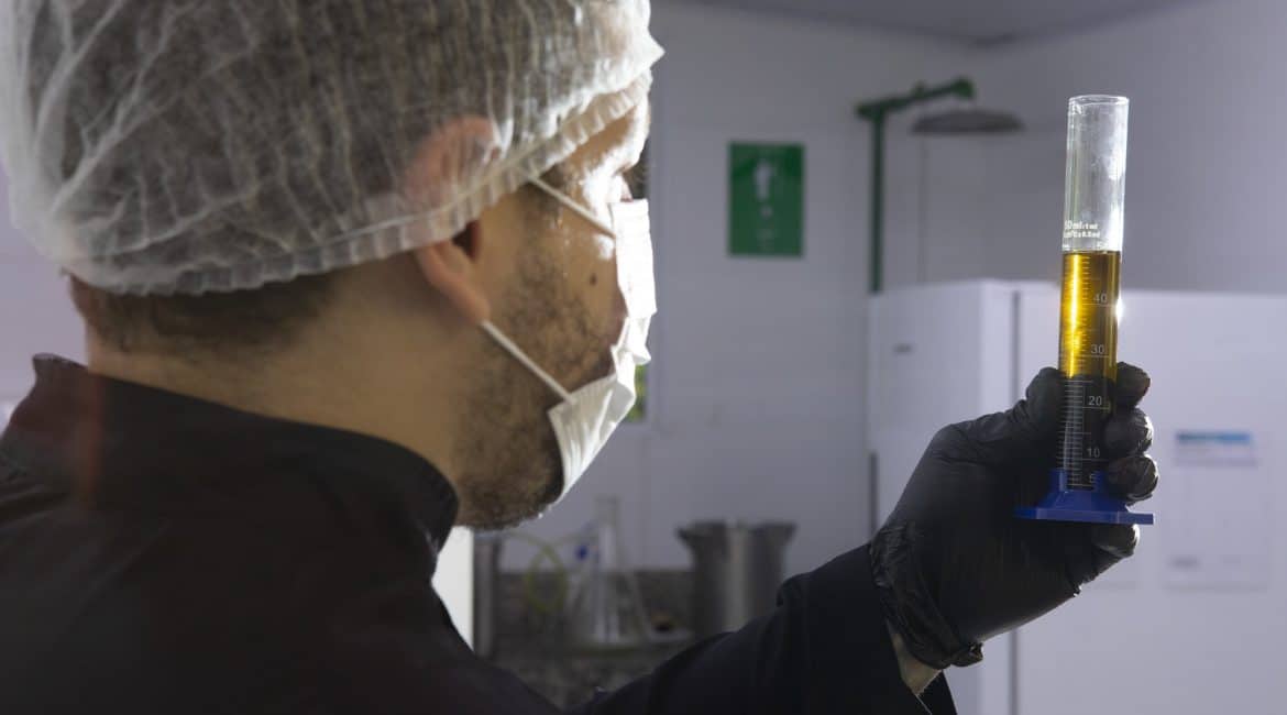 Técnico do laboratório da APEPI analisando óleo de flor de cannabis em proveta