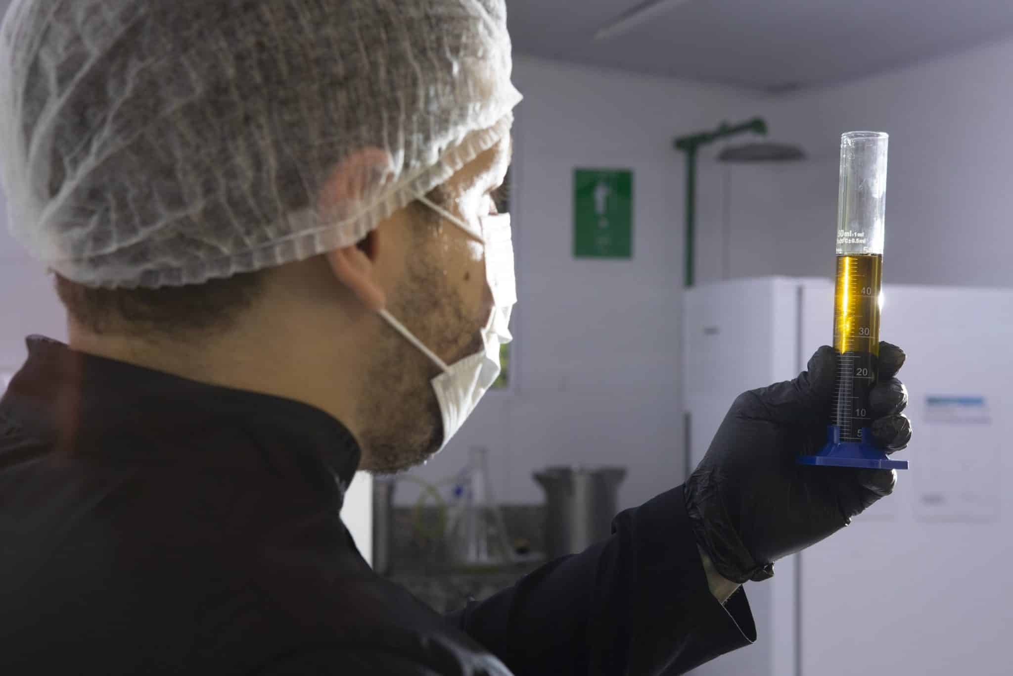 Técnico do laboratório da APEPI analisando óleo de flor de cannabis em proveta