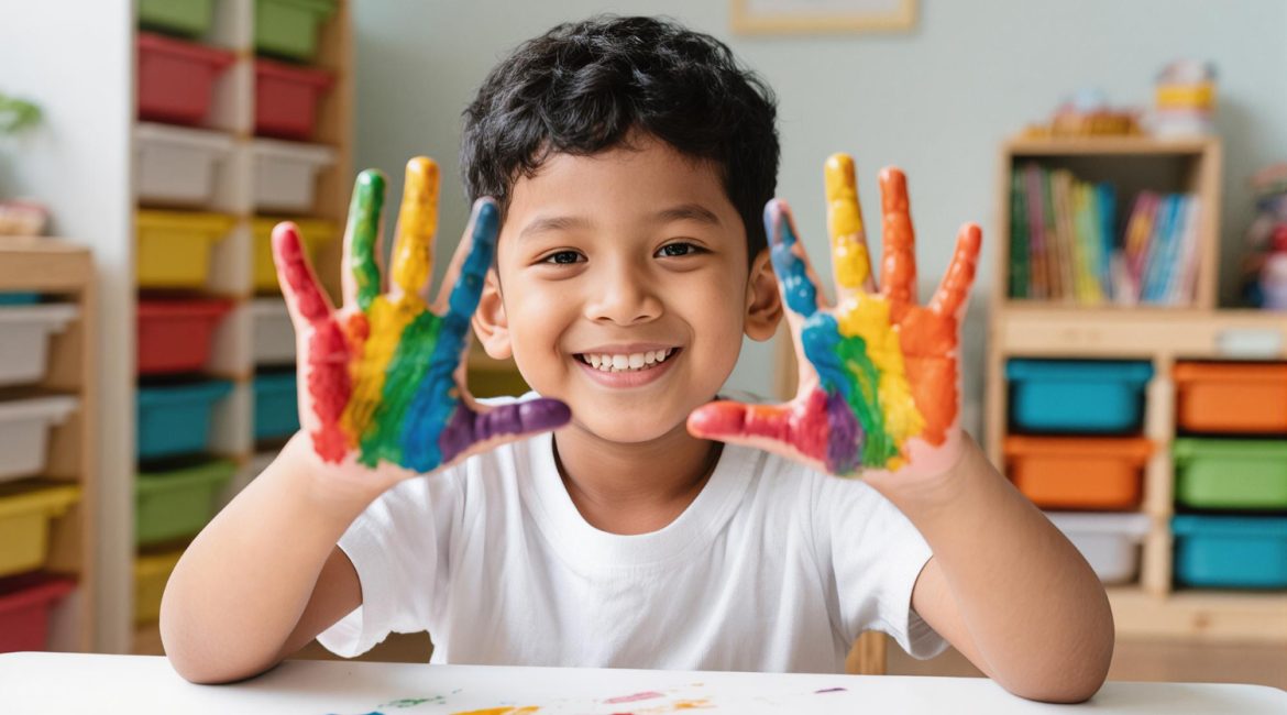 Criança sorridente com as mãos pintadas de cores vibrantes, representando o universo do autismo e do tratamento com canabidiol (CBD)