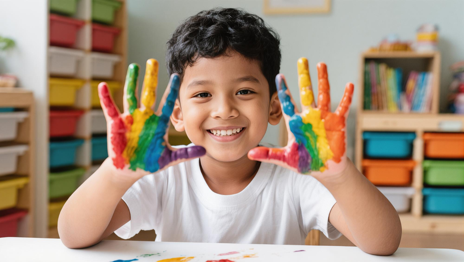 Criança sorridente com as mãos pintadas de cores vibrantes, representando o universo do autismo e do tratamento com canabidiol (CBD)