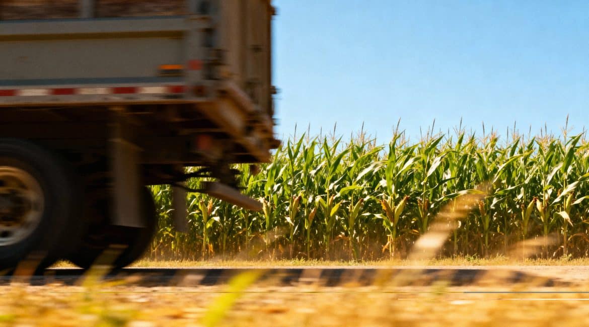 Caminhão de biodiesel passando por plantação, simbolizando produção sustentável